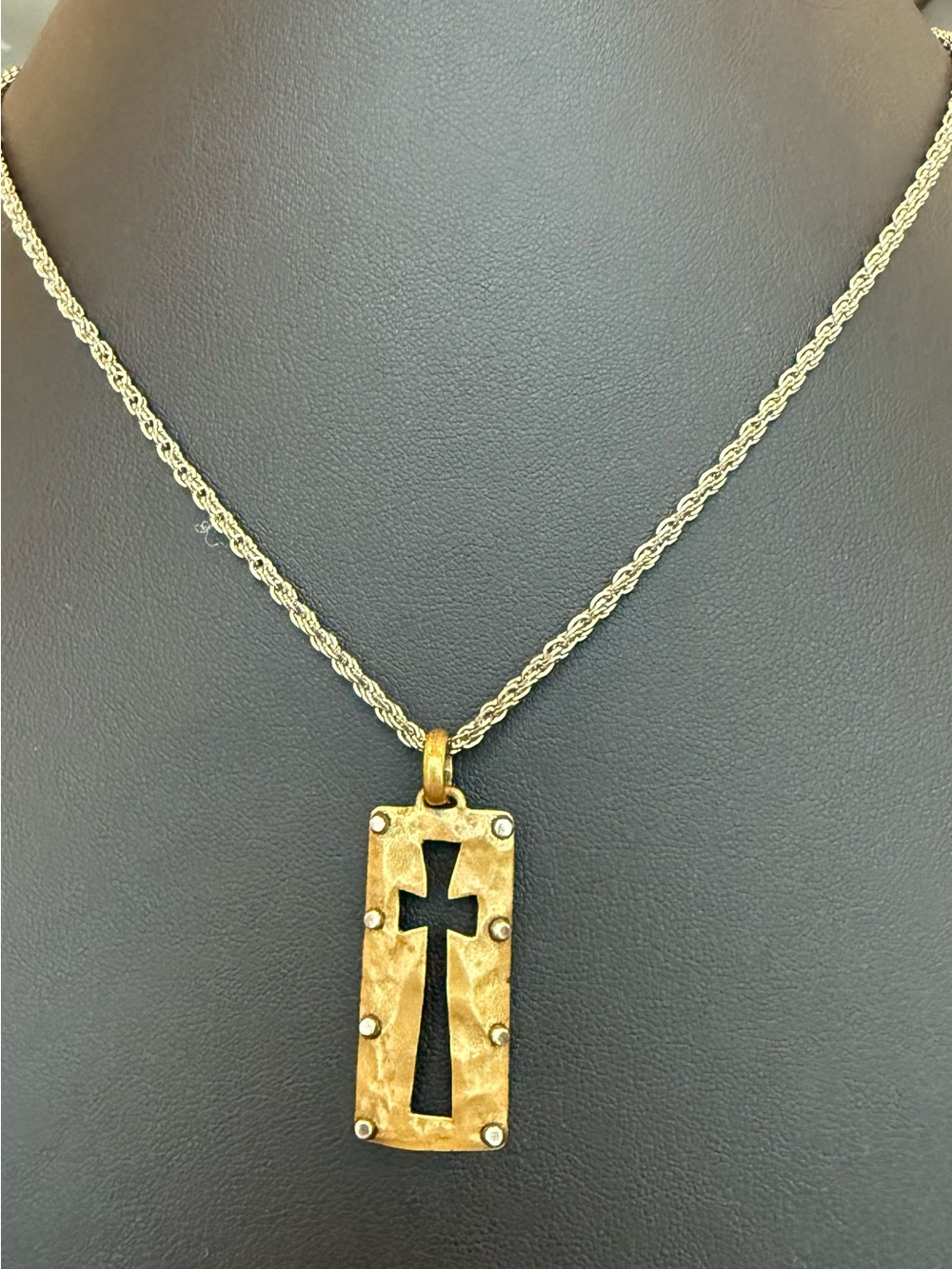 Designer Signed SB Gold Tone Brass Cross Cutout Rectangular Pendant Necklace